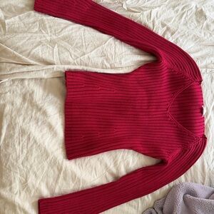 Women's Ribbed V-Neck Sweater - Red